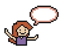 carino pixel cartone animato 8 bit personaggio donna con Chiacchierare vuoto decorazione 8 po femmina ragazza dire parlare discutere idea Chiacchierare scatola cartone animato pixel gioco. vettore