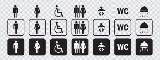 varietà di bagno icone Compreso maschio, femmina, madre con bambino, e portatori di handicap sagome. toilette simboli per diverso necessità. vettore