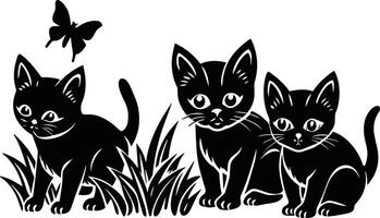 nero e bianca illustrazione di tre gatti e un' farfalla vettore