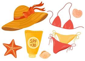 cannuccia cappello, costumi da bagno, sole crema composizione. Accessori, Abiti per estate viaggio. bikini, costume da bagno per mare ricorrere. piatto illustrazione isolato su bianca sfondo vettore