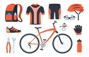 bicicletta impostare. bicicletta attrezzatura. ciclista Ingranaggio, abbigliamento sportivo per motociclista, traccia Accessori per estremo sport formazione isolato su bianca. vettore