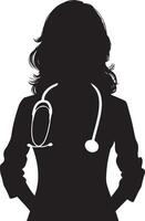un' femmina medico silhouette, in piedi posa, nero colore silhouette, bianca sfondo vettore