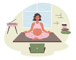 incinta donna nel loto posa. yoga a casa. femmina personaggio fa yoga, meditazione, allungamento, interno. mamma con pancia meditazione, rilassante. cura del corpo, gravidanza Salute concetto. illustrazione vettore