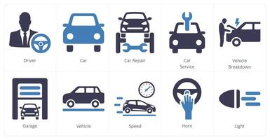 un' impostato di 10 auto icone come autista, macchina, auto riparazione vettore