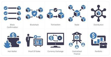 un' impostato di 10 blockchain icone come bloccare conferma, blockchain, transazione vettore