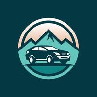 un' auto viaggi su un' strada, con maestoso montagne nel il sfondo, un' pulito e minimalista logo incorporare un' noleggio auto icona nel un' creativo modo vettore