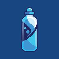 avvicinamento di un' bottiglia pieno con liquido contro un' vivace blu sfondo, un' moderno interpretazione di un' acqua bottiglia per significare idratazione e benessere vettore
