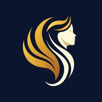 un' womans viso con fluente lungo capelli e un' decorativo corona su sua testa, un' minimalista logo incorporare il silhouette di un' donna con fluente capelli vettore