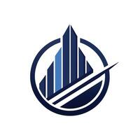 blu e bianca logo design con un' prominente edificio nel il centro, un' moderno e pulito design utilizzando un' monocromatico colore schema per un' finanziario consulenza azienda vettore