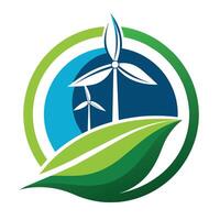 un' verde foglia nel il primo piano con un' vento turbina Filatura nel il sfondo, design un' logo quello riflette il idea di rinnovabile energia nel un' elegante e moderno modo vettore