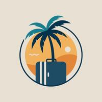 un' palma albero decorazione si siede in cima un' valigia, in mostra un' tropicale stile e viaggio tema, un' elegante design con un' palma albero e valigia icona vettore