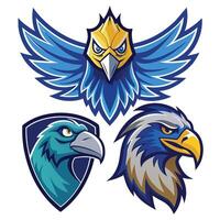un' gruppo di tre Aquile, ogni con un' distinto colore, volante insieme, illustrato blu falco, aquila, falco loghi vettore