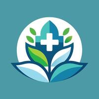 pulito e minimalista blu e verde logo design con un' prominente attraversare simbolo, un' pulito e minimalista design per un' ospedale logo con un' messa a fuoco su benessere vettore