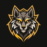 avvicinamento di un' Wolfs testa con penetrante giallo occhi impostato contro un' rigido nero sfondo, astratto lusso lupo testa monogramma logo design vettore