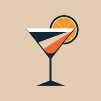 Martini bicchiere contenente un' fetta di arancia, un' pulito e geometrico logo di un' cocktail bicchiere, minimalista semplice moderno logo design vettore