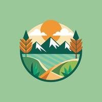 verde paesaggio con montagne e alberi nel un' minimalista disegno, un' minimalista rappresentazione di natura, minimalista semplice moderno logo design vettore