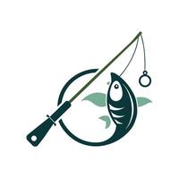 un' pesce è catturato su un' pesca asta, agganciata e lottando per ottenere gratuito, un' minimalista logo di un' pesca asta e bobina, minimalista semplice moderno logo design vettore