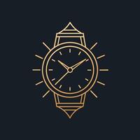 un' lusso oro orologio sta su contro un' elegante nero sfondo, design un' semplice e elegante logo per un' lusso orologio boutique utilizzando appena un' linea vettore