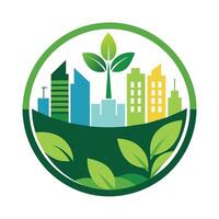 un' paesaggio urbano pieno con verde, con un' prominente foglia nel il centro, sviluppare un' minimalista icona quello simboleggia sostenibile urbano sviluppo e verde spazi vettore