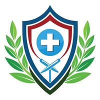scudo con un' attraversare simbolo nel il centro, che rappresentano un' logo design per un' medico organizzazione o Prodotto, medicina logo modello design vettore