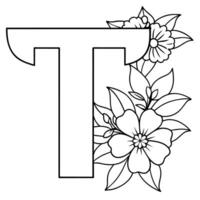 alfabeto t colorazione pagina con il fiore, t lettera digitale schema floreale colorazione pagina, abc colorazione pagina vettore