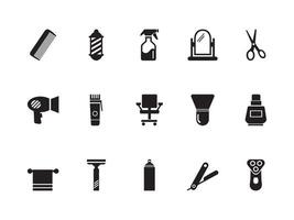 barbiere attrezzatura, utensili nero e bianca icone vettore