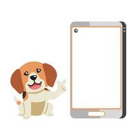 cartone animato personaggio carino beagle cane e smartphone vettore