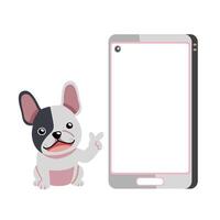 cartone animato personaggio carino francese bulldog e smartphone vettore