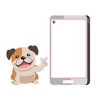 cartone animato personaggio bulldog e smartphone vettore