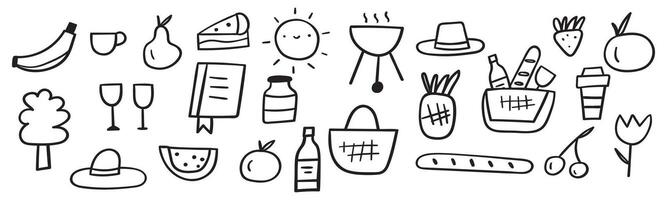 picnic. schema elementi. nero colore. mano disegnato icone. scarabocchi. illustrazioni su bianca sfondo. vettore