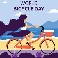 illustrazione grafico di un' donna con lungo capelli cavalcate un' bicicletta su il strada, Perfetto per internazionale giorno, mondo bicicletta giorno, celebrare, saluto carta, eccetera. vettore