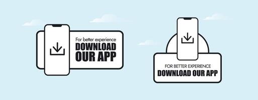 Scarica il App adesso. Scarica nostro App icone, etichette con mobile dispositivo e Scarica icona. Due etichette o adesivi per promozione scaricamento il app. vettore, png vettore