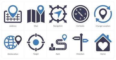un' impostato di 10 Posizione icone come indirizzo, carta geografica, navigazione vettore