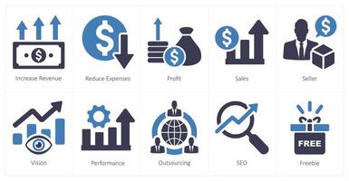 un' impostato di 10 aumentare vendita icone come aumentare reddito, ridurre spese, profitto vettore