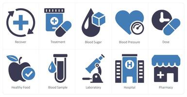 un' impostato di 10 Salute verifica icone come recuperare, trattamento, sangue zucchero vettore
