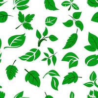 un' senza soluzione di continuità modello con un Vettore di verde le foglie nel vario forme e dimensioni sparpagliato attraverso un' bianca sfondo, ideale per tessuto o sfondo