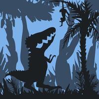 silhouette di cartone animato dinosauro provando per catturare scimmia sospeso su palma albero vettore
