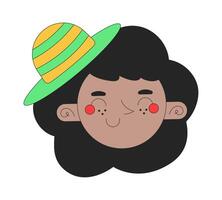 contento nero ragazza con cappello 2d lineare avatar illustrazione. africano americano femmina ondulato capelli cartone animato personaggio viso. carino sorridente ritratto. impaurito donna piatto colore utente profilo Immagine isolato vettore