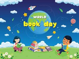 mondo libro giorno bambini ragazzo lettura prato blu cielo cartone animato illustrazione contento design vettore