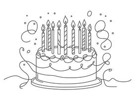 continuo linea disegno di un' compleanno torta con candele uno linea creativo idea saluto carta illustrazione nero schema su bianca sfondo vettore