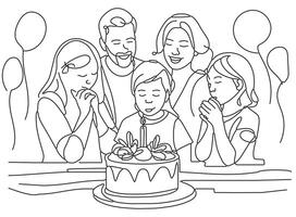 continuo linea disegno di un' famiglia clebrante compleanno torta soffiaggio candele uno linea creativo idea saluto carta illustrazione vettore