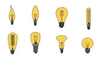 collezione di incandescente lampade diverso genere scarabocchio stile. mano disegnato arte. vettore