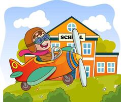 contento sorridente ragazzo volante aereo piace un' vero pilota nel retrò pelle volo casco.moderno libro illustrazione.piatto stile cartone animato illustrazione. vettore