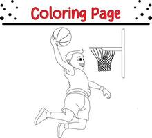 carino ragazzo giocando pallacanestro colorazione pagina per bambini vettore