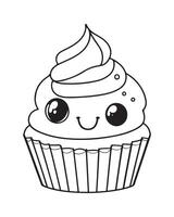 carino kawaii Cupcake colorazione pagine, Cupcake illustrazione, Cupcake nero e bianca, Cupcake piatto disegno, torta arte. vettore