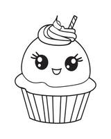 carino kawaii Cupcake colorazione pagine, Cupcake illustrazione, Cupcake nero e bianca, Cupcake piatto disegno, torta arte. vettore