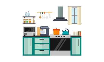casa stoviglie, cibo e dispositivi nel colore piatto illustrazione vettore