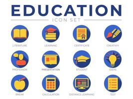 colorato formazione scolastica scuola icona impostare. letteratura, apprendimento, certificato, creatività, professoressa, presentazione, alunno, idee, calcolo, distanza apprendimento test icone vettore