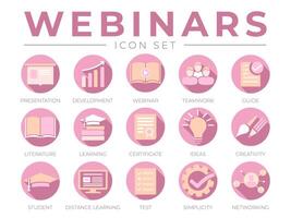 femminile seminario web icona impostato per donne. presentazione, sviluppo, webinar, networking icone. vettore