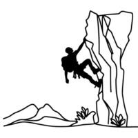 uno continuo nero linea disegno di uomo roccia arrampicata un' ripido roccioso scogliera scarabocchio lineare disegno cartone animato su bianca sfondo. vettore